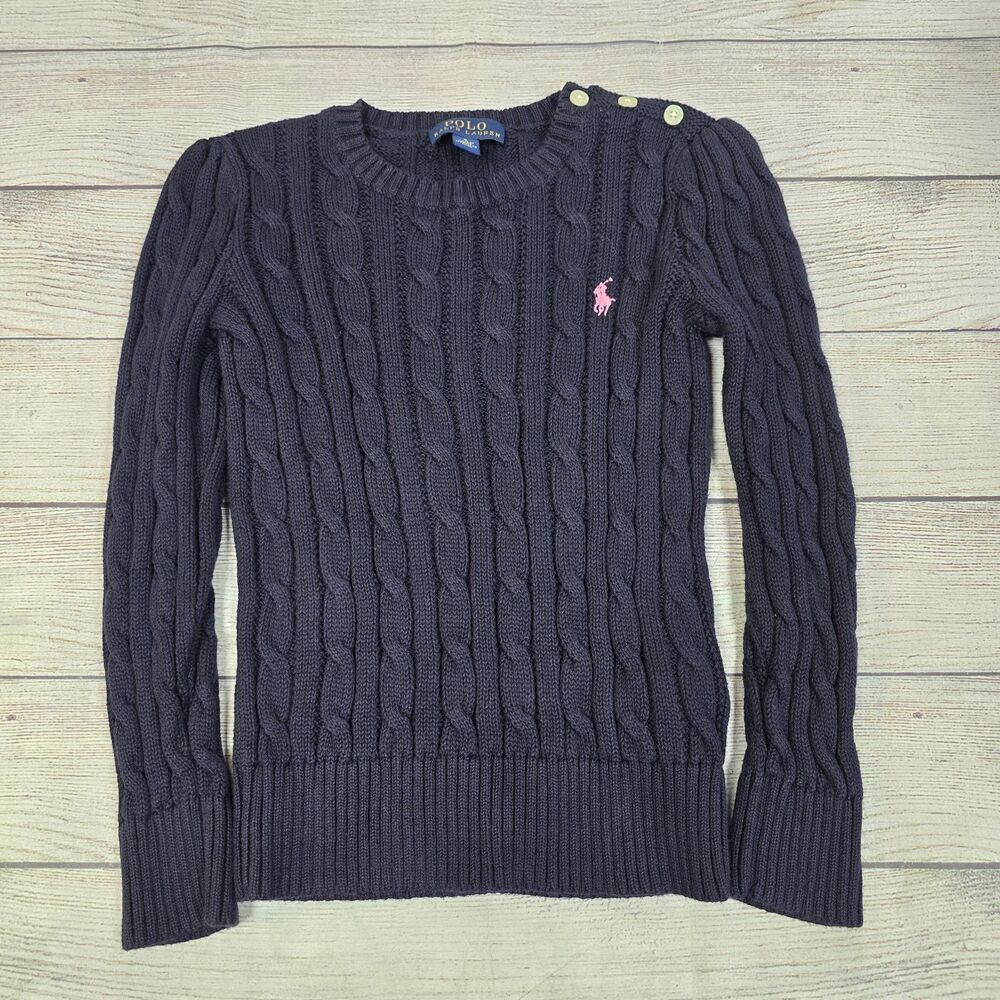Polo Ralph Lauren Girls Navy Cotton Cable Knit Button Pullover Sweater Size 5